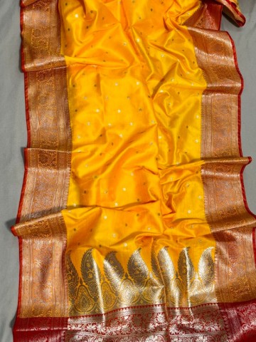 Yellow Banarasi Katan Saree | With Red Color Blouse