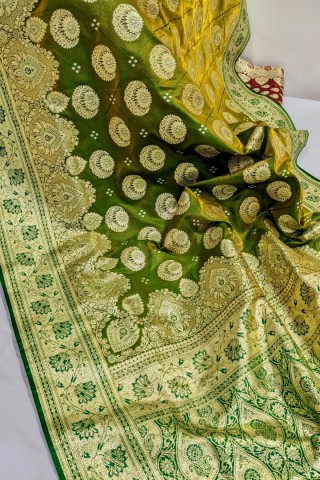 KORIYAL Katan Banarasi Saree | Mehandi Banarasi Saree With Running Blouse