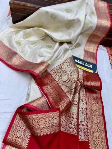 Cream Banarasi Saree | With Red Color Blouse