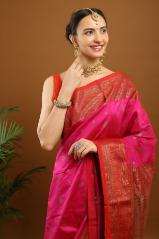 Pink Banarasi Tussur Silk Saree | With Red Blouse | Zari Woven Design