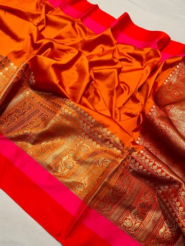 Orange Soft Banarasi Silk Saree | With Red Color Blouse