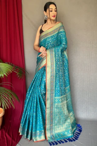Sky Blue Pure Patola Silk Saree With Patola Fusion