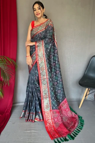 Rangeen Patola Contrast Woven Silk Saree Gray