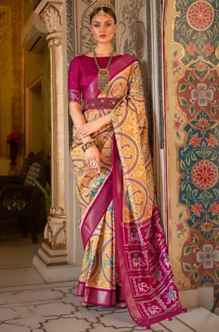Cream Patola Silk Festive Saree with Blouse Piece