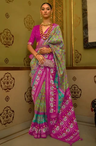 Pink And Green Colour Printed Patola Silk Saree with Unstitched Blouse Piece