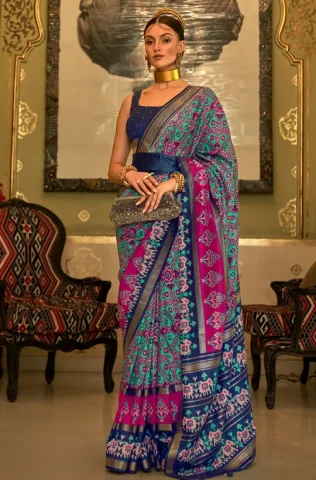 Blue Colour Printed Patola Silk Saree with Blouse Piece