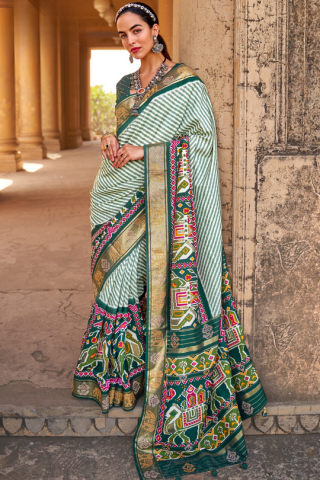 Unique designer Rama Green Patola Silk Saree