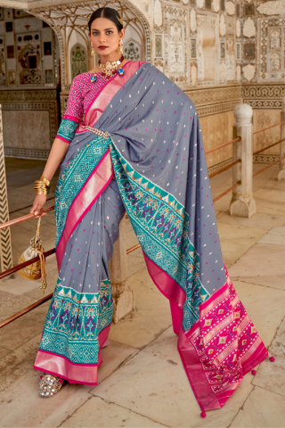 Dark Grey Colour Patola Silk Saree with Unique Shades Design