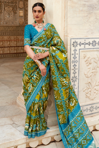 Mahendi Green Colour Designer Patola Silk Saree with Blouse Piece