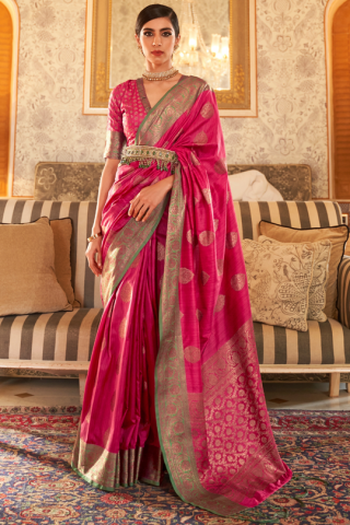 Deep Pink Banarasi Silk Saree with Zari Weaving Work