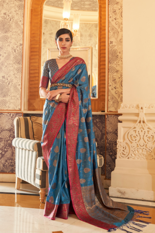 Dark Blue Banarasi Silk Saree And Zari Weaving Work