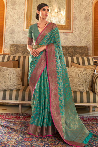 Rama Green Banarasi Silk Saree And Zari Weaving Work