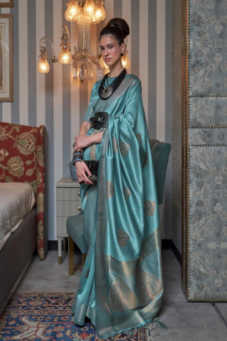 Beautiful Sky Blue Colour Handloom Zari Weaving Silk Saree