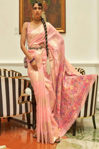 Peach Handloom Woven Silk Saree with Kashmiri Pallu