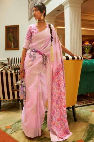 Light Pink Handloom Woven Silk Saree with Kashmiri Pallu