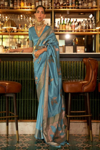 Sky Blue Koshlin Silk Copper Woven Banarasi Silk Saree