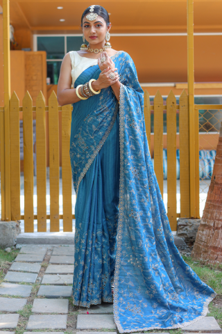 Classy Wedding Designer Sky Blue Handloom Silk Saree