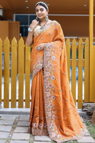 Orange Colour Handloom Designer Silk Saree with Blouse Piece