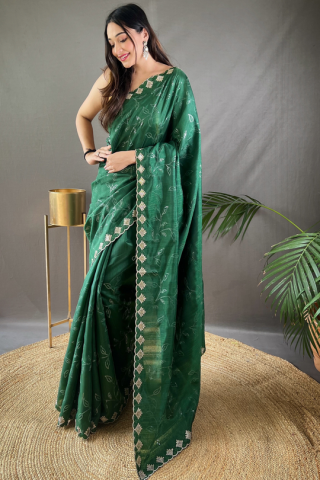 Gorgeous Party Wear Designer Green Silk Saree