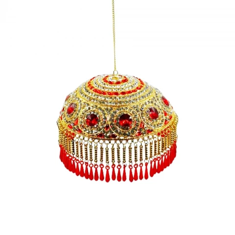 Red Chatra for Temple with Attached Chain & Latkan – Royal Rhinestone Metal Canopy for Puja Mandir For Idol height between 8 Inch to 18 Inch.