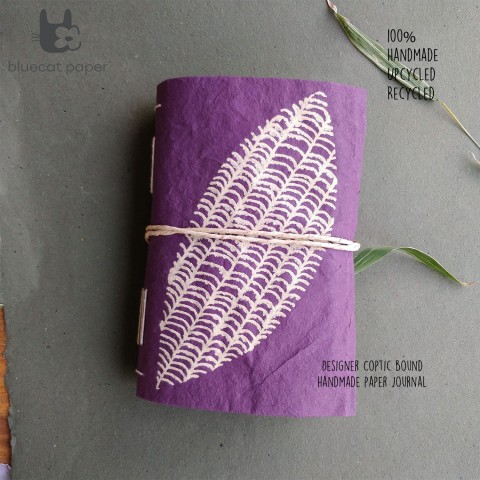 Coptic binding journal purple mulberry paper – biscuit leaf print (Size 21×14 CM)