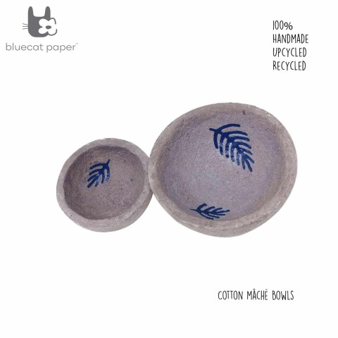 Simple decal bowls – light mauve with blue spring leaf print
