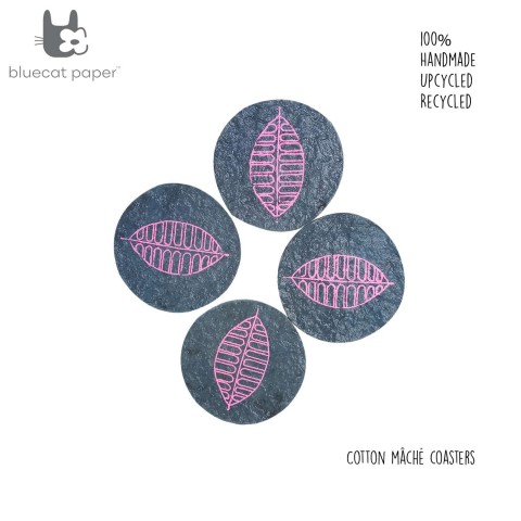 Printed paper mache coasters – blue with apink autumn leaf print (set of 4)