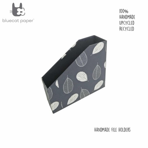 Sustainable Box files holder – dark grey handmade paper with leaves prints