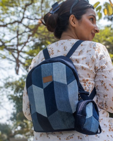 Repurposed Handcraft Denim Patched Mini Travel Backpack
