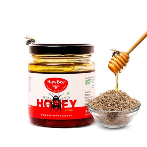 RAWBEE Honey 100% Pure Unprocessed Raw Organic Natural Honey 250 gm NABL Tested Wild Forest Honey Unpasteurized Unfiltered Zero Additives | Zero Added Sugar | For Stronger Immunity (Ajwain, 2