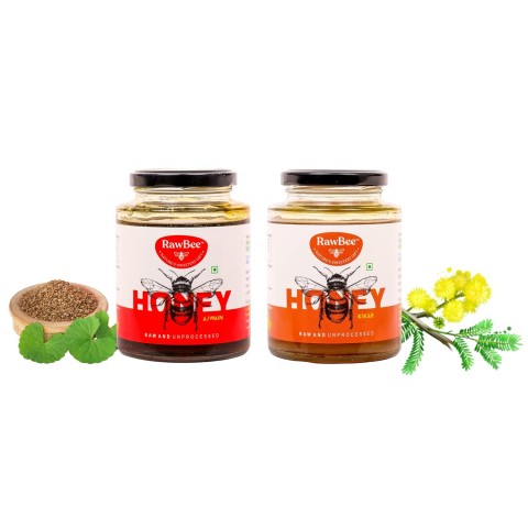RAWBEE Honey 100% Pure Unprocessed Raw Organic Natural Honey (500gm x 2) NABL Tested Wild Forest Honey Unfiltered Zero Additives | Zero Added Sugar | For Good Immunity (Ajwain & Kikar, 500gm