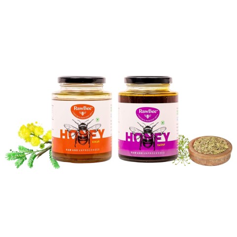 RAWBEE Honey 100% Pure Unprocessed Raw Organic Natural Honey (500gm x 2) NABL Tested Wild Forest Honey Unfiltered Zero Additives | Zero Added Sugar | For Good Immunity (Kikar & Saunf, 500gm x