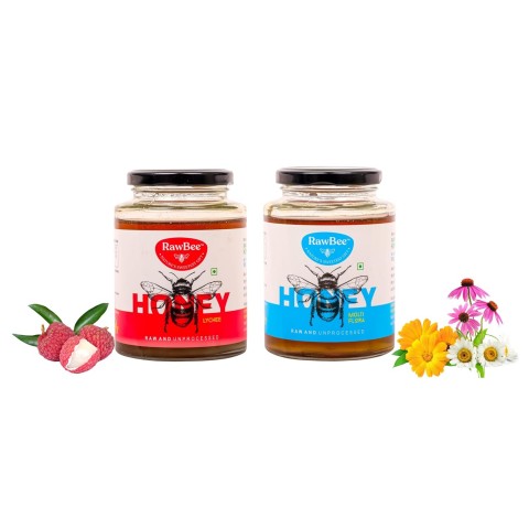 RAWBEE Honey 100% Pure Unprocessed Raw Organic Natural Honey (500gm x 2) NABL Tested Wild Forest Honey Unfiltered Zero Additives | Zero Added Sugar | For Good Immunity(Lychee & Multi Flora, 5
