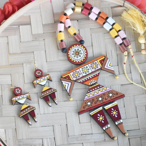 Premium Woman Shape Mandala Art Big Pendant Terracotta Jewellery Set