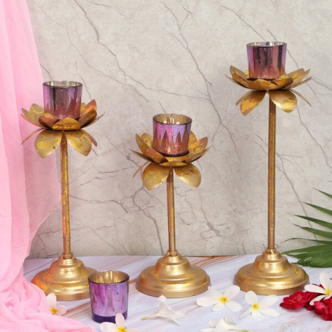 Three Layer Lotus With 4 Puprle Glass Votive