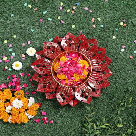 Red & Gold Flower Cut Urli