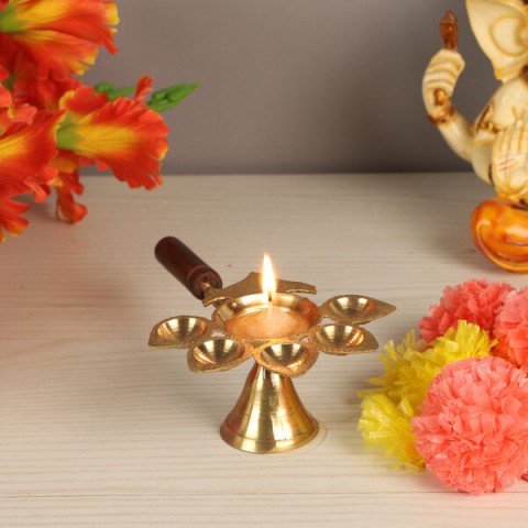 Brass Panch Aarti with Wooden Handle