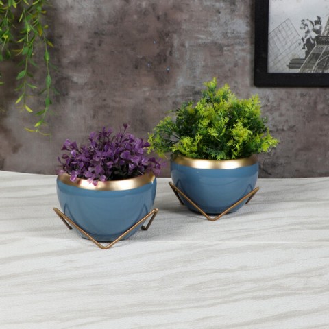 Apple Shape Metal Blue & Gold Planter Set of 2