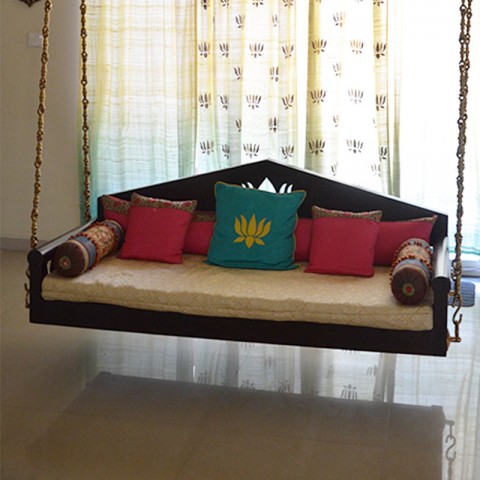 Lotus-cutout Teakwood Wooden Swing with Backrest (with/without chain)