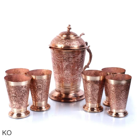 Kashmiri copper  Jug Set With 6 Glasses | Engraved copper Jug Set