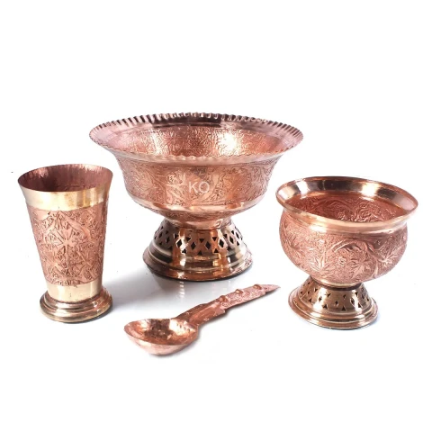 Gold Hued Copper Thal baan | Big Bowl | Hand Engraved
