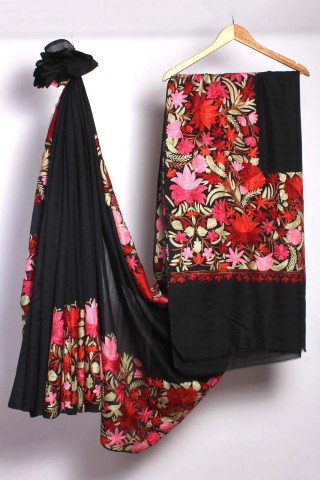 Midnight Black Floral Palla Embroidered Silk Saree