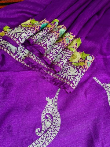 Purple Zari and Aari Embroidered Silk Saree with Blouse