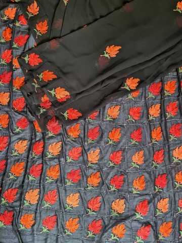Black Georgette Chinar Work Aari Embroidered Silk Saree with Blouse