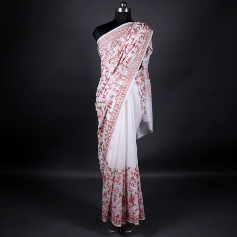 White Floral Design Aari Embroidered Silk Saree