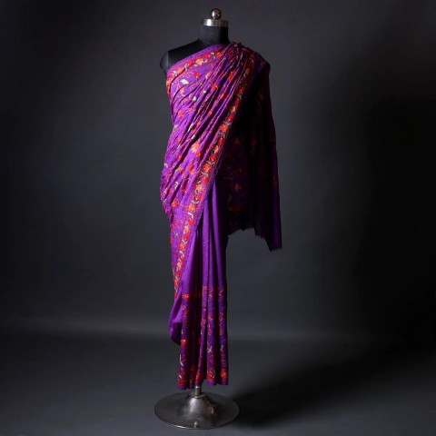 Purple Floral Design Aari Embroidered Silk Saree