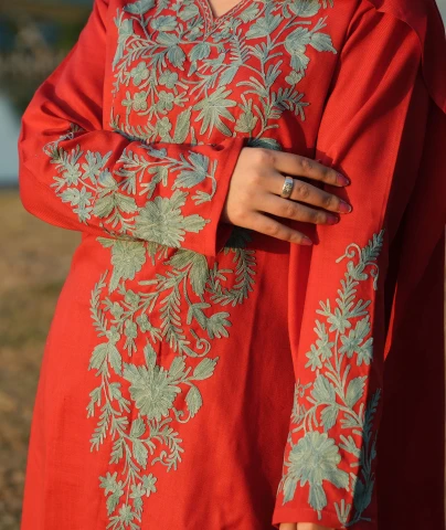 Crimson Red Aari Embroidered Woolen Co ord Set With Shawl
