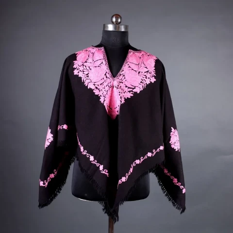 Black Floral Design Poncho with Aari Embroidery