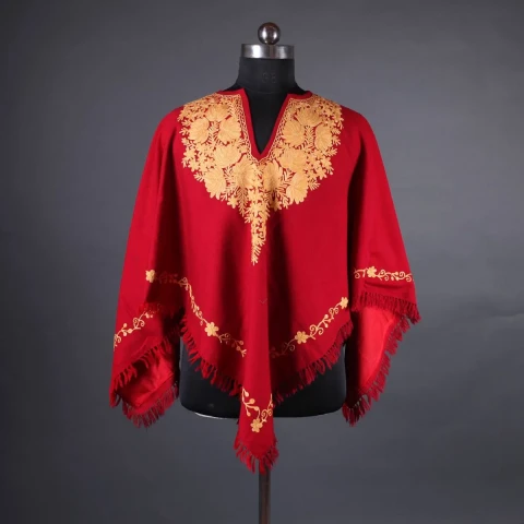 Maroon Floral Design Poncho with Aari Embroidery, Kashmir Embroidery