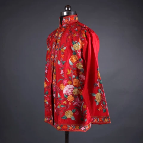 Red Base Floral Design Aari Embroidery Silk Jacket